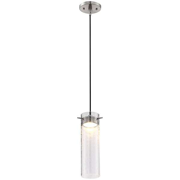A SATCO/NUVO mini pendant light with clear glass and a brushed nickel finish hanging from a ceiling.