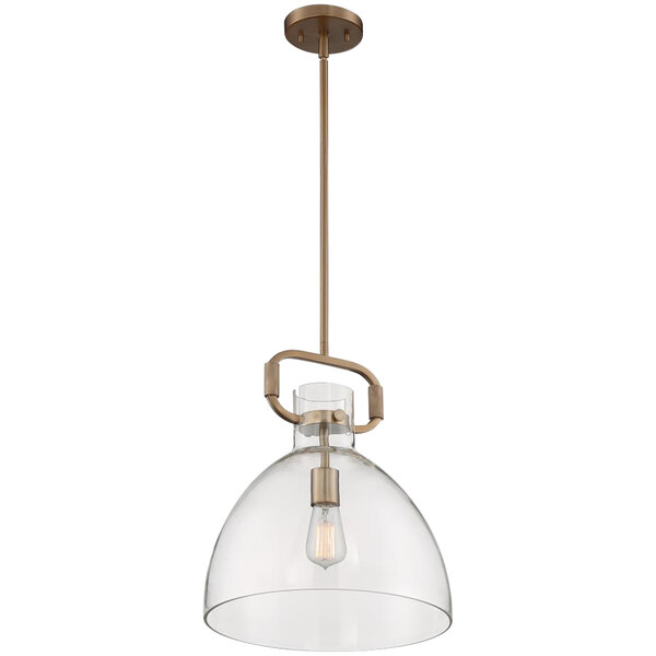 A SATCO Teresa pendant light with clear glass and burnished brass finish over a restaurant table.