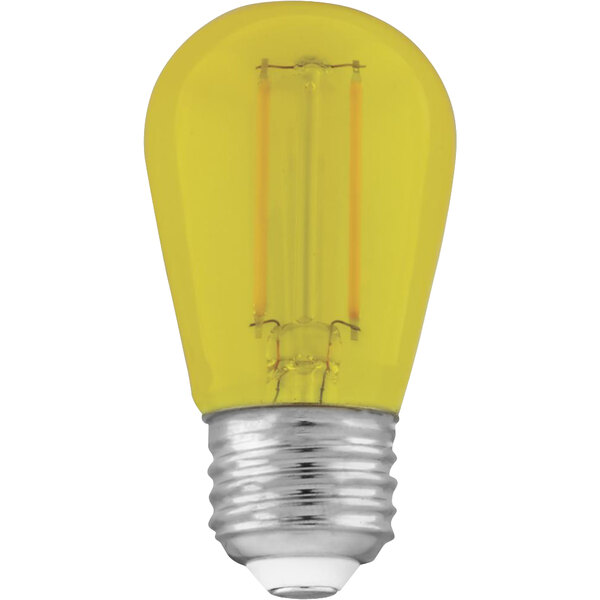 A close-up of a yellow S14 light bulb with a silver base.