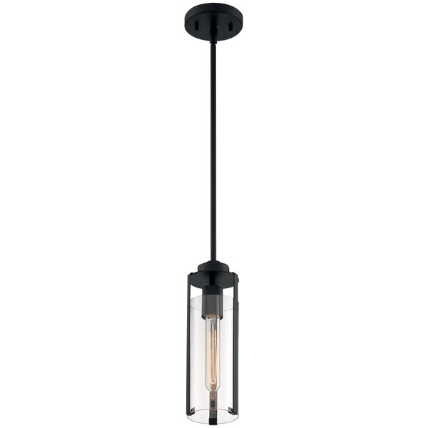 A black pole with a SATCO Marina mini pendant light with clear glass over it.