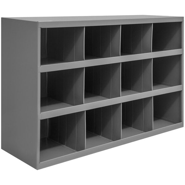 A grey metal Durham Mfg storage bin shelf with 12 compartments.