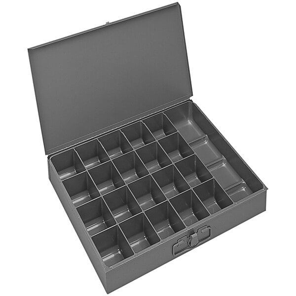 A grey metal Durham Mfg box with 21 compartments.