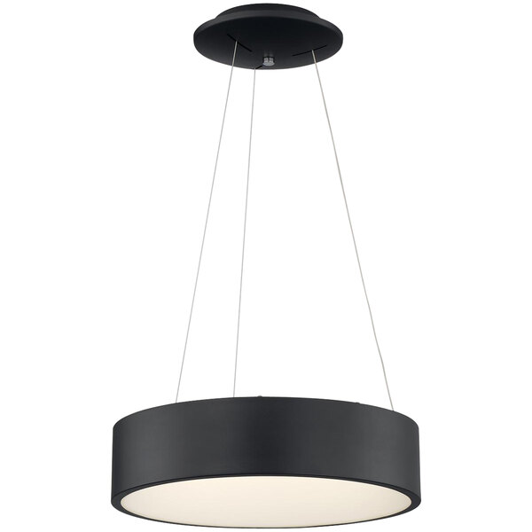 A black pendant light with a black shade.