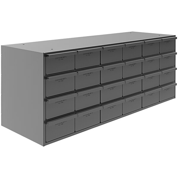A grey metal Durham Mfg storage cabinet with many drawers.