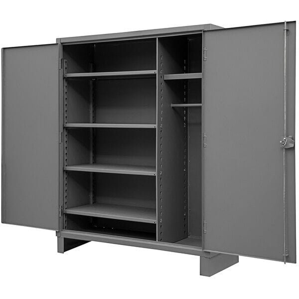 A grey metal Durham wardrobe cabinet with shelves.