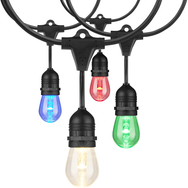A black wire with 3 LED light bulbs in red, yellow, and blue hanging from it.