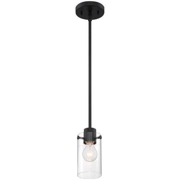 A SATCO Sommerset mini pendant light with clear glass shade and matte black finish hanging in a coffee shop.