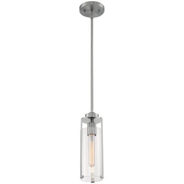 A SATCO/NUVO Marina 1-light mini pendant light with clear glass and brushed nickel finish on a long metal pole.