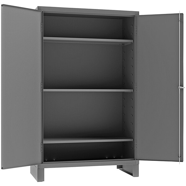 A grey metal Durham storage cabinet with open shelves.