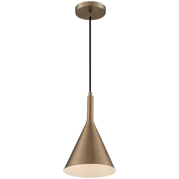 A SATCO/NUVO burnished bronze mini pendant light with a cone-shaped shade over a light.