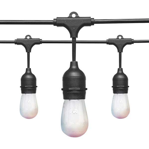 Three WiFi-Smart LED S14 light bulbs hanging from a black wire.