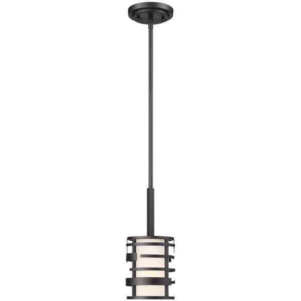 A black and white SATCO Lansing pendant light with a long black pole.