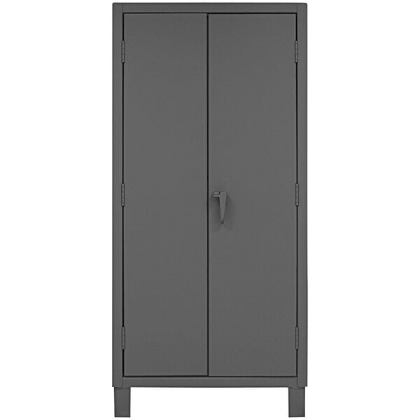 A grey metal Durham Mfg storage cabinet with two doors and a handle.