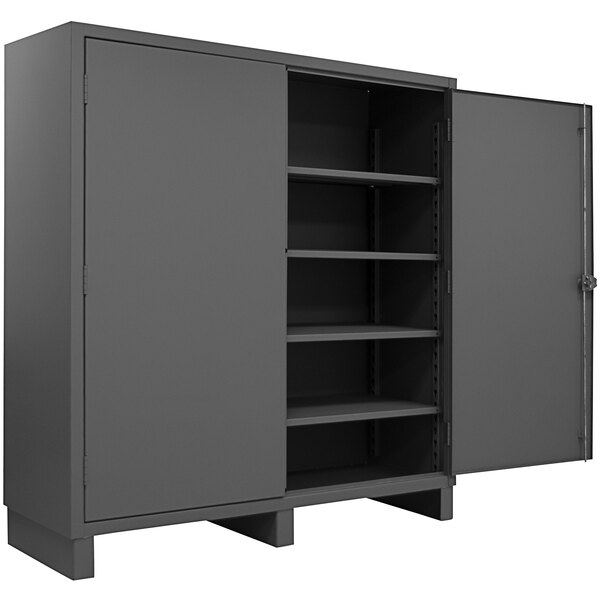 A Durham grey metal storage cabinet with shelves.