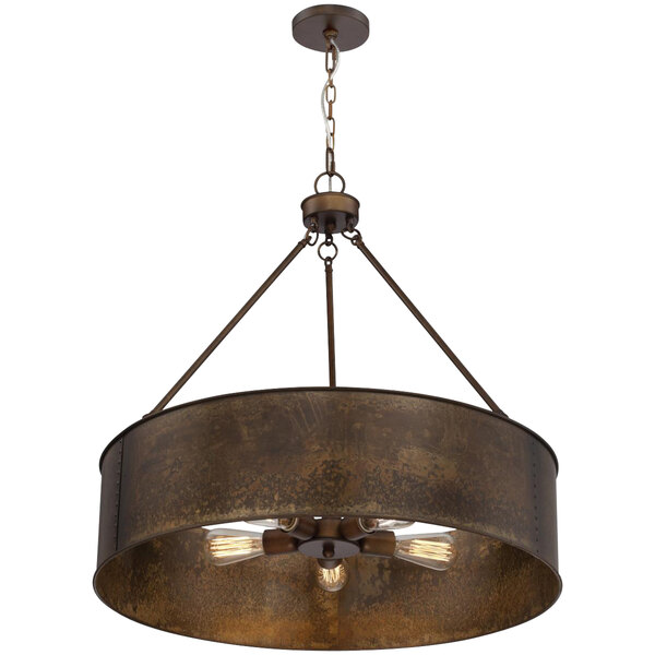 A SATCO/NUVO Kettle 5-light pendant chandelier with a weathered brass finish and metal shades.