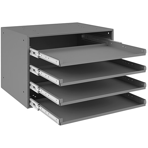 A grey metal rack with four shelves.