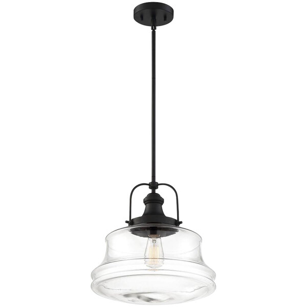 A black and aged bronze SATCO pendant light fixture with a clear glass shade hanging from the ceiling.