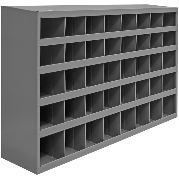 A grey metal Durham Mfg storage bin shelf with 40 openings.