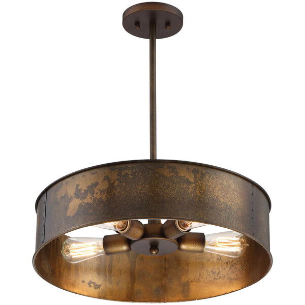 A SATCO/NUVO weathered brass 4-light pendant light with metal bands.