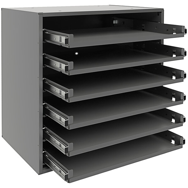 A black metal Durham Mfg bearing slide rack with 6 compartments.