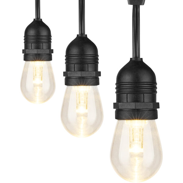 A group of white WiFi-Smart LED S14 light bulbs hanging from black string.