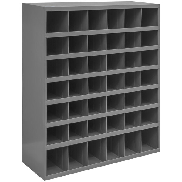 A grey Durham Mfg storage bin shelf with 42 openings.