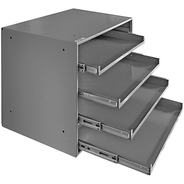 A grey metal Durham Mfg rack with four drawers.