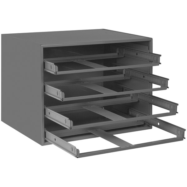 A gray steel slide rack with four compartments.