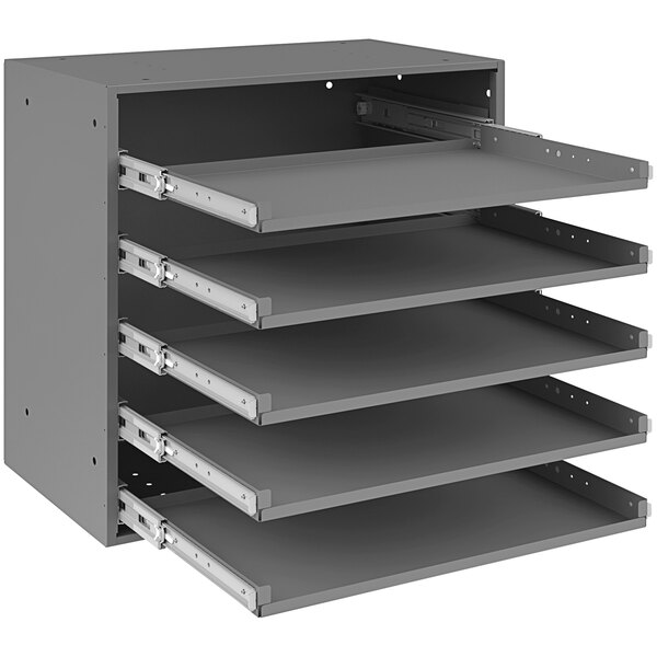 A gray metal Durham Mfg heavy duty bearing slide rack with 5 compartments.