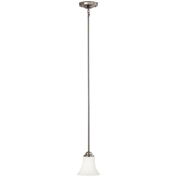 A SATCO/NUVO mini pendant light with a white lamp shade and silver metal trim.
