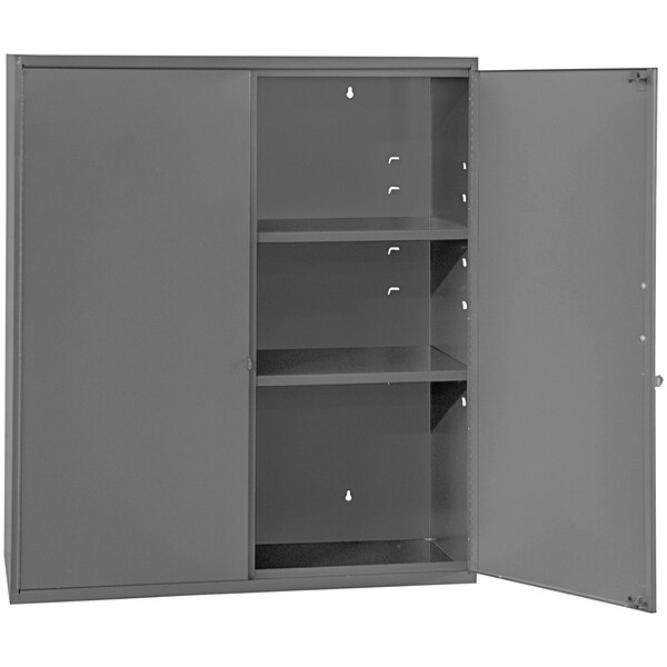 A grey Durham steel cabinet with open doors.