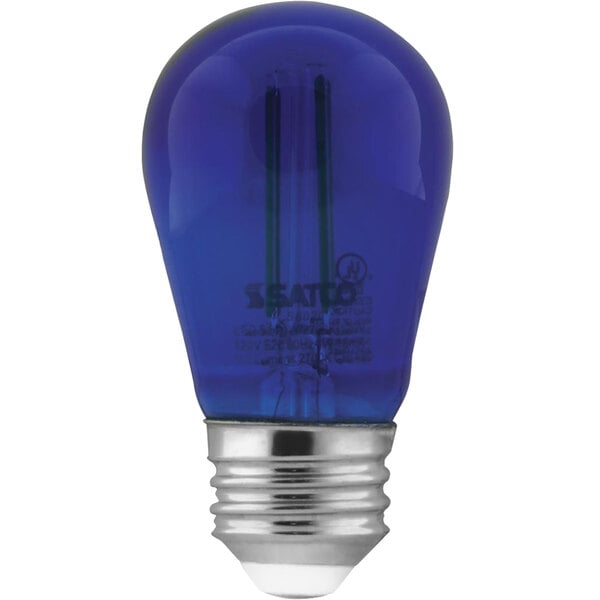 A blue S14 LED light bulb with a silver base.