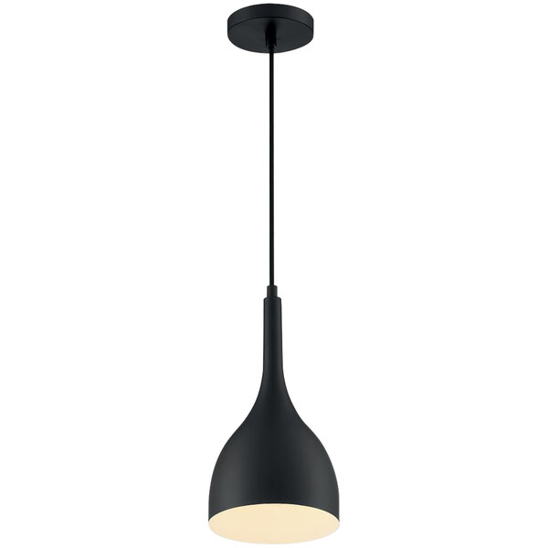 A black pendant light with a white shade hanging in a restaurant dining area.