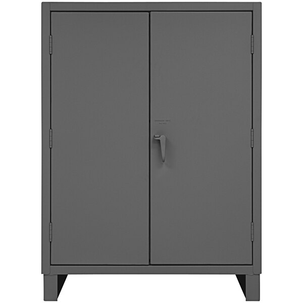 A grey metal Durham storage cabinet with two doors and a handle.