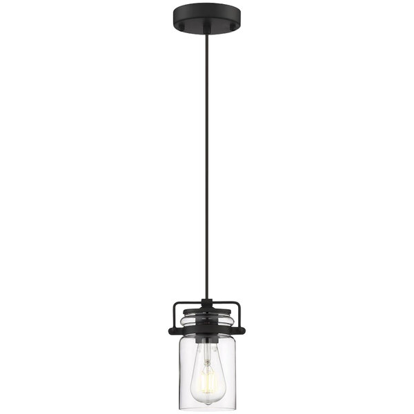 A SATCO/NUVO matte black metal mini pendant light with clear glass shade.