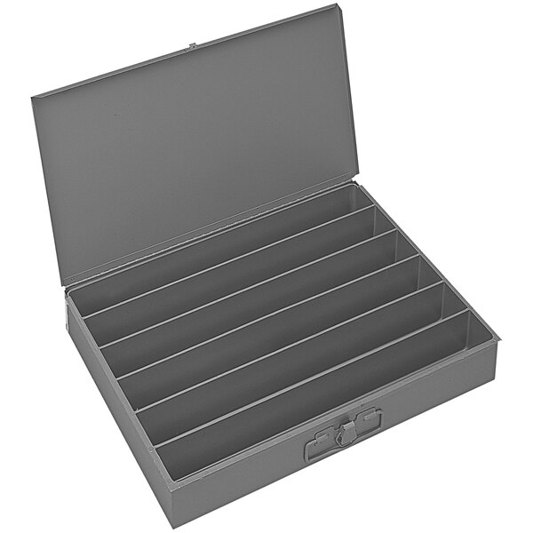 A grey Durham Mfg steel box with 6 compartments and a lid open.
