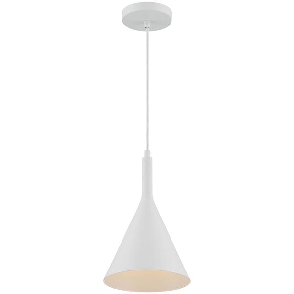 A white cone-shaped pendant light with a long handle.