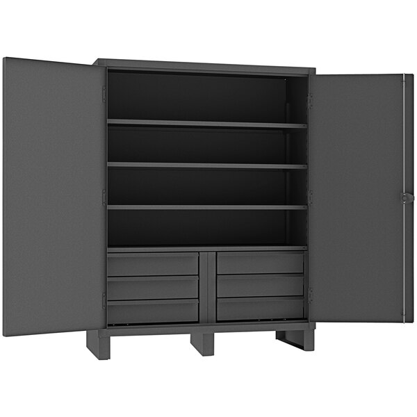 A black cabinet with shelves.
