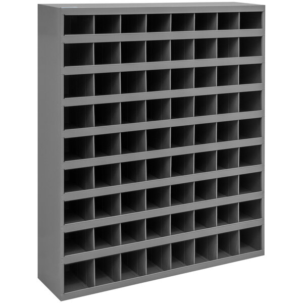 A grey Durham storage bin shelf with 72 square openings.