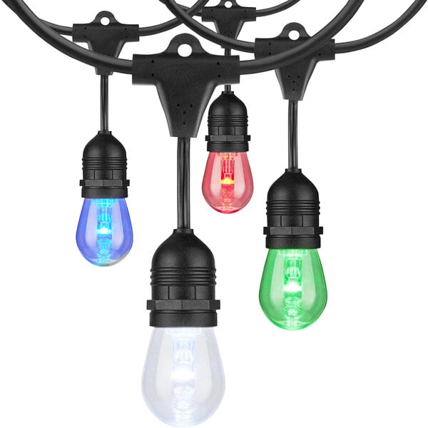A group of WiFi-Smart LED string lights with three different color S14 bulbs.