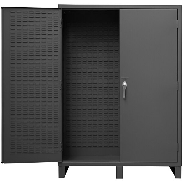 A black Durham Manufacturing steel storage cabinet with louvered doors and a lock.