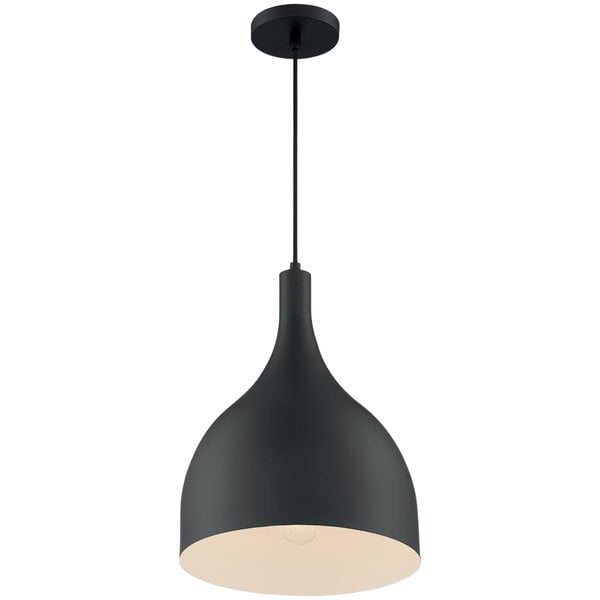 A black pendant light with a white bell-shaped shade.