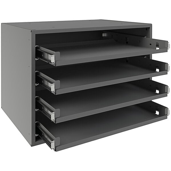 A grey metal Durham Mfg cabinet with four steel bearing slide racks.