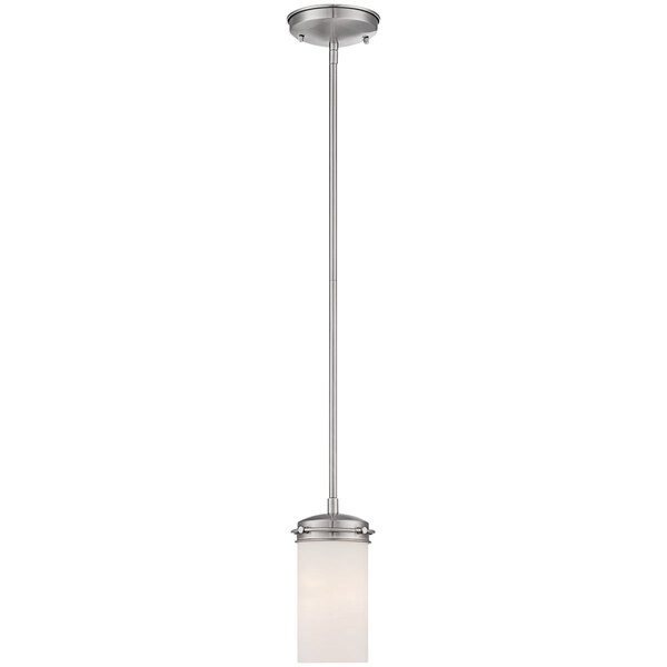 A Satco Polaris mini pendant light with a white opal glass shade and brushed nickel finish.