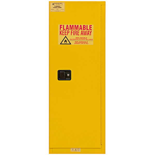A yellow Durham Mfg safety cabinet with a red flammable sign.