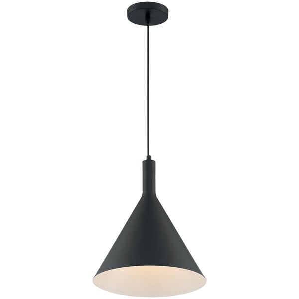 A black cone-shaped pendant light with a long black cord.
