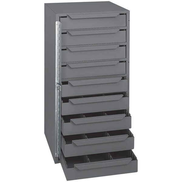 A gray metal Durham Mfg storage cabinet with nine drawers.