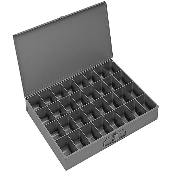 A gray Durham Mfg metal box with 32 compartments.