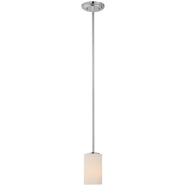 A SATCO Willow mini pendant light with a polished nickel finish and white glass shade on a long silver pole.