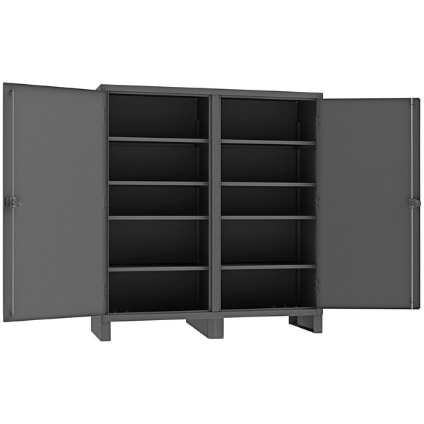 A black metal Durham industrial storage cabinet with open doors and shelves.